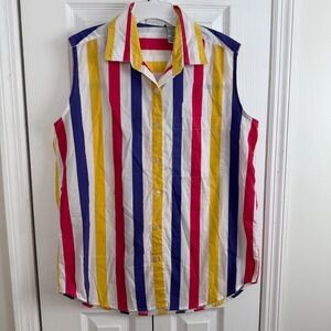 Vtg Simply Basic Sleeveless Button Down Shirt L Multicolor Stripe Retro Kidcore